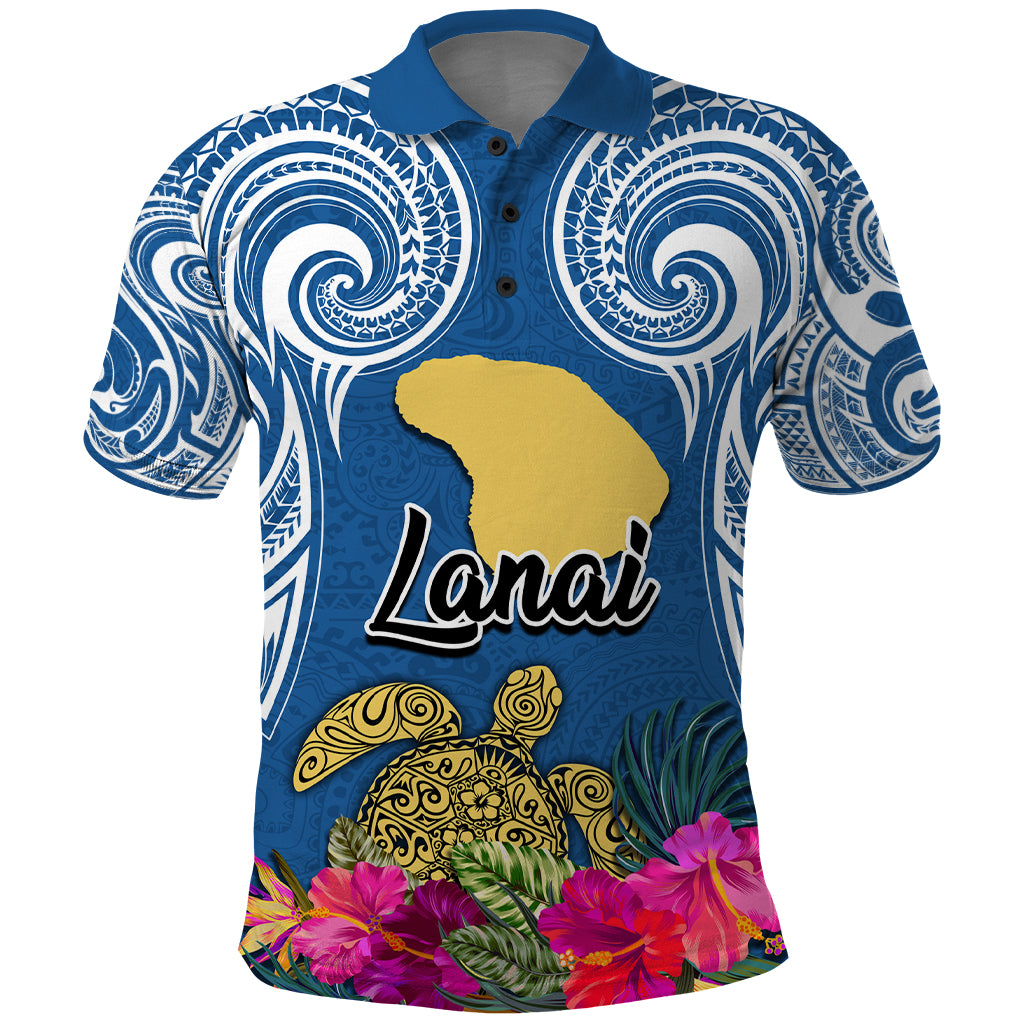 Custom Hawaii Lanai Island Polo Shirt Hibiscus Turle and Map with Polynesian Spiral LT03 Blue - Polynesian Pride