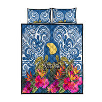 Custom Hawaii Lanai Island Quilt Bed Set Hibiscus Turle and Map with Polynesian Spiral LT03 Blue - Polynesian Pride