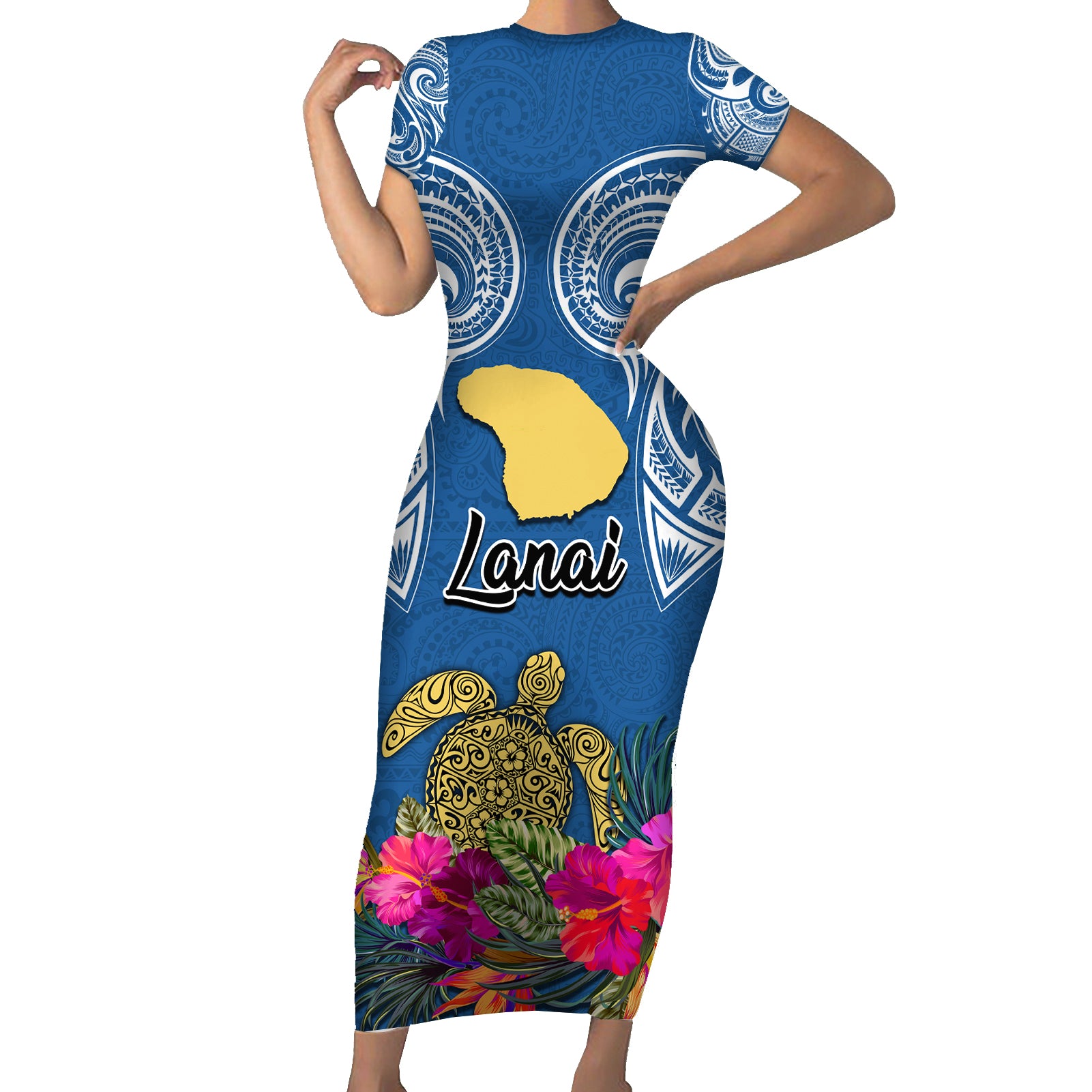 Custom Hawaii Lanai Island Short Sleeve Bodycon Dress Hibiscus Turle and Map with Polynesian Spiral LT03 Long Dress Blue - Polynesian Pride