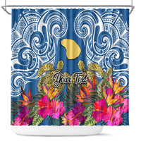 Custom Hawaii Lanai Island Shower Curtain Hibiscus Turle and Map with Polynesian Spiral LT03 Blue - Polynesian Pride
