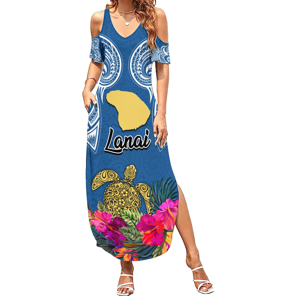 Custom Hawaii Lanai Island Summer Maxi Dress Hibiscus Turle and Map with Polynesian Spiral LT03 Women Blue - Polynesian Pride