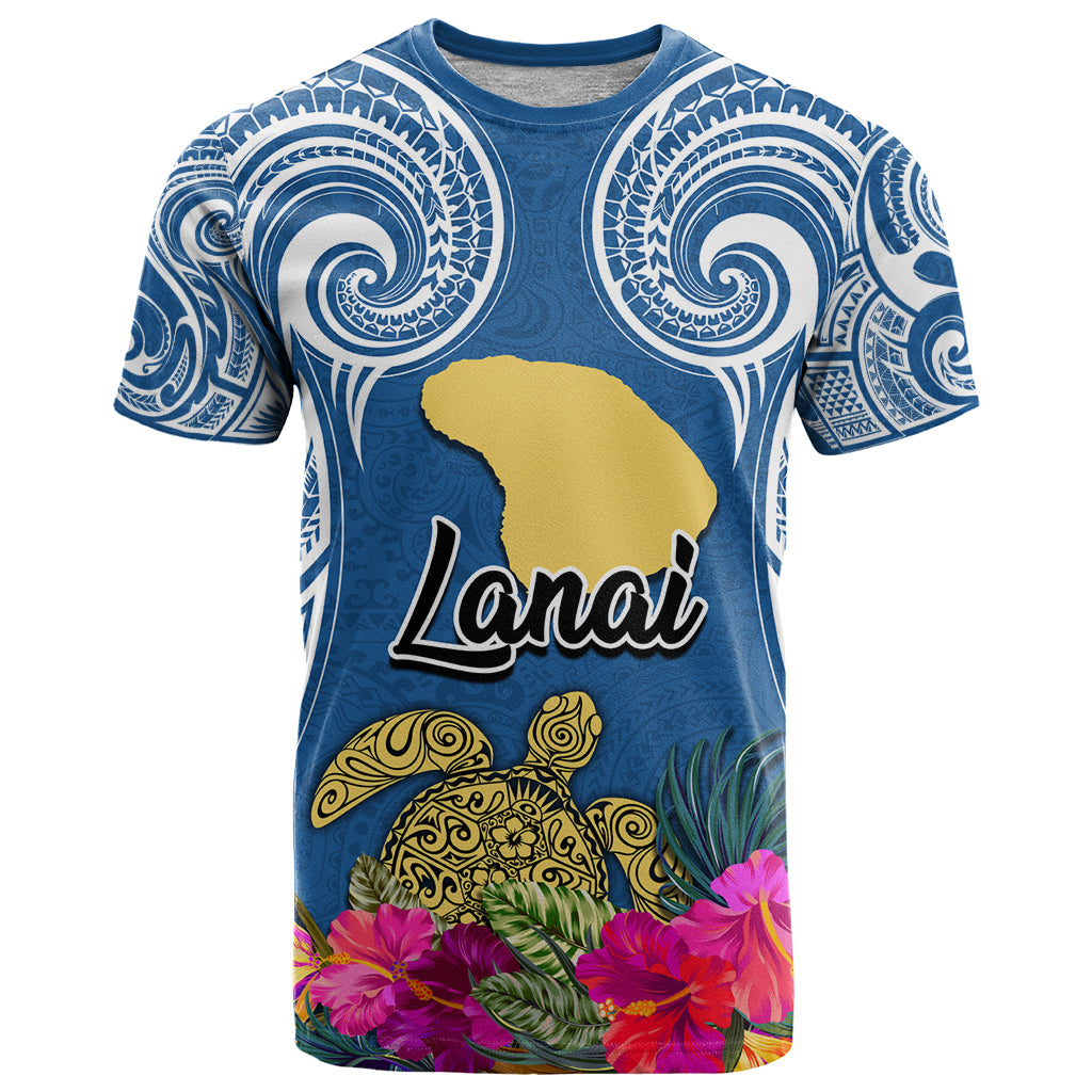 Custom Hawaii Lanai Island T Shirt Hibiscus Turle and Map with Polynesian Spiral LT03 Blue - Polynesian Pride