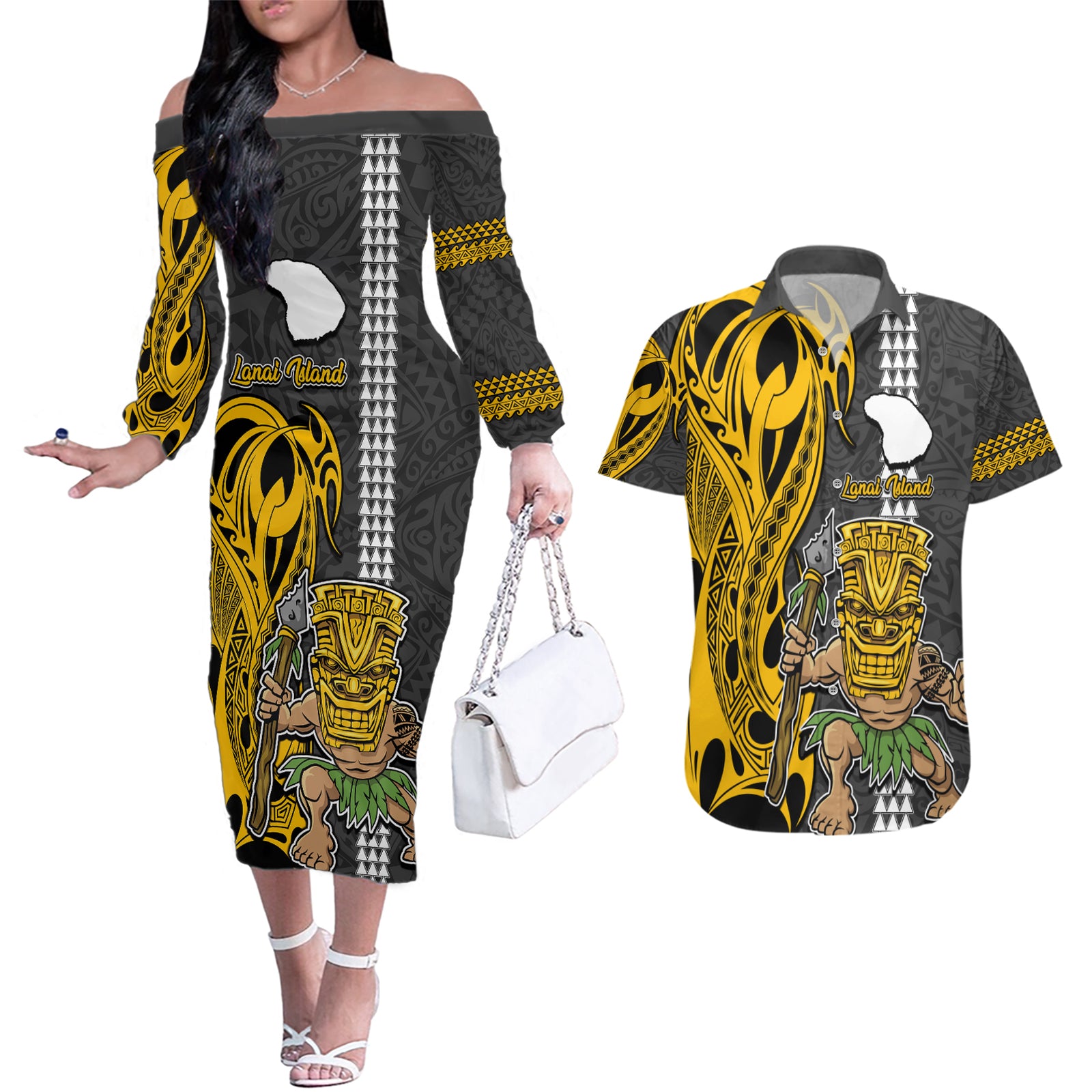 Hawaii Lanai Island Couples Matching Off The Shoulder Long Sleeve Dress and Hawaiian Shirt Hawaiian Warrior and Kakau Symbols Abstract Tattoo LT03 Yellow - Polynesian Pride