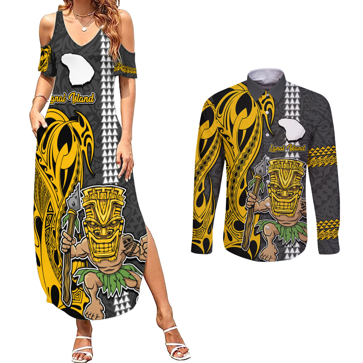 Hawaii Lanai Island Couples Matching Summer Maxi Dress and Long Sleeve Button Shirts Hawaiian Warrior and Kakau Symbols Abstract Tattoo LT03 Yellow - Polynesian Pride
