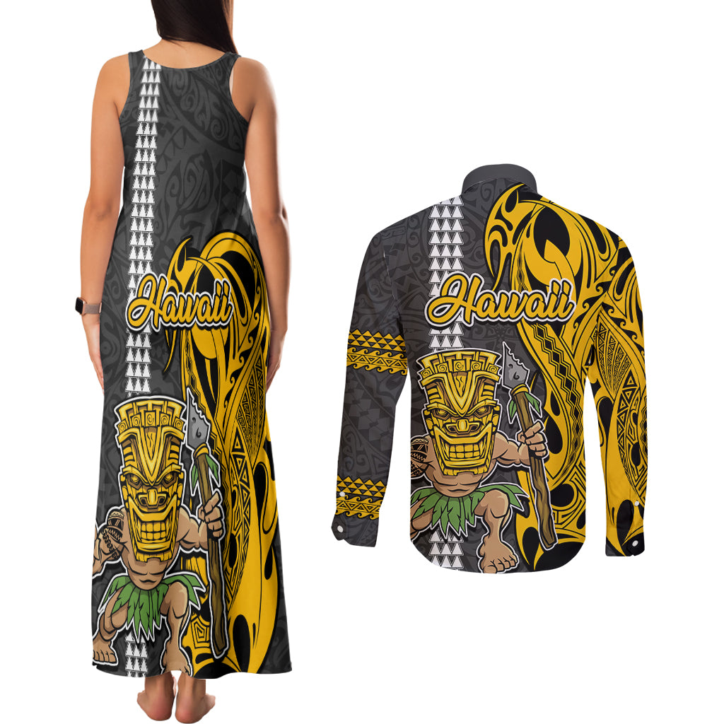 Hawaii Lanai Island Couples Matching Tank Maxi Dress and Long Sleeve Button Shirts Hawaiian Warrior and Kakau Symbols Abstract Tattoo LT03 - Polynesian Pride