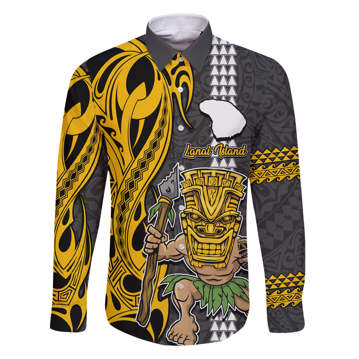 Hawaii Lanai Island Family Matching Tank Maxi Dress and Hawaiian Shirt Hawaiian Warrior and Kakau Symbols Abstract Tattoo LT03 Dad's Shirt - Long Sleeve Yellow - Polynesian Pride