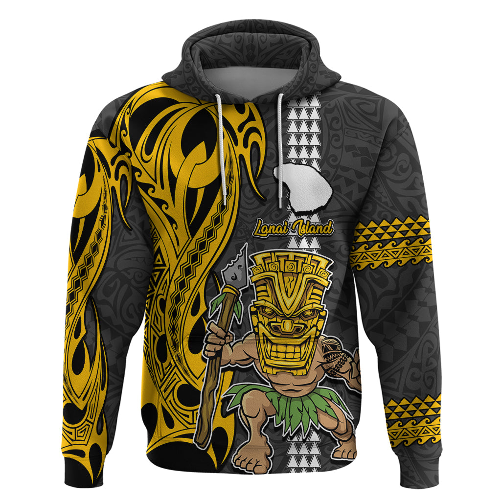 Hawaii Lanai Island Hoodie Hawaiian Warrior and Kakau Symbols Abstract Tattoo LT03 Pullover Hoodie Yellow - Polynesian Pride