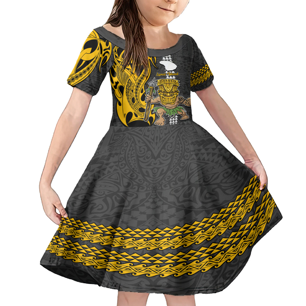 Hawaii Lanai Island Kid Short Sleeve Dress Hawaiian Warrior and Kakau Symbols Abstract Tattoo LT03 KID Yellow - Polynesian Pride