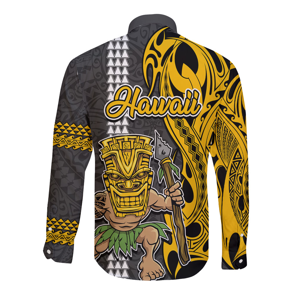 Hawaii Lanai Island Long Sleeve Button Shirt Hawaiian Warrior and Kakau Symbols Abstract Tattoo LT03 - Polynesian Pride