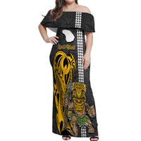 Hawaii Lanai Island Off Shoulder Maxi Dress Hawaiian Warrior and Kakau Symbols Abstract Tattoo LT03 Women Yellow - Polynesian Pride