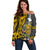 Hawaii Lanai Island Off Shoulder Sweater Hawaiian Warrior and Kakau Symbols Abstract Tattoo LT03 Women Yellow - Polynesian Pride