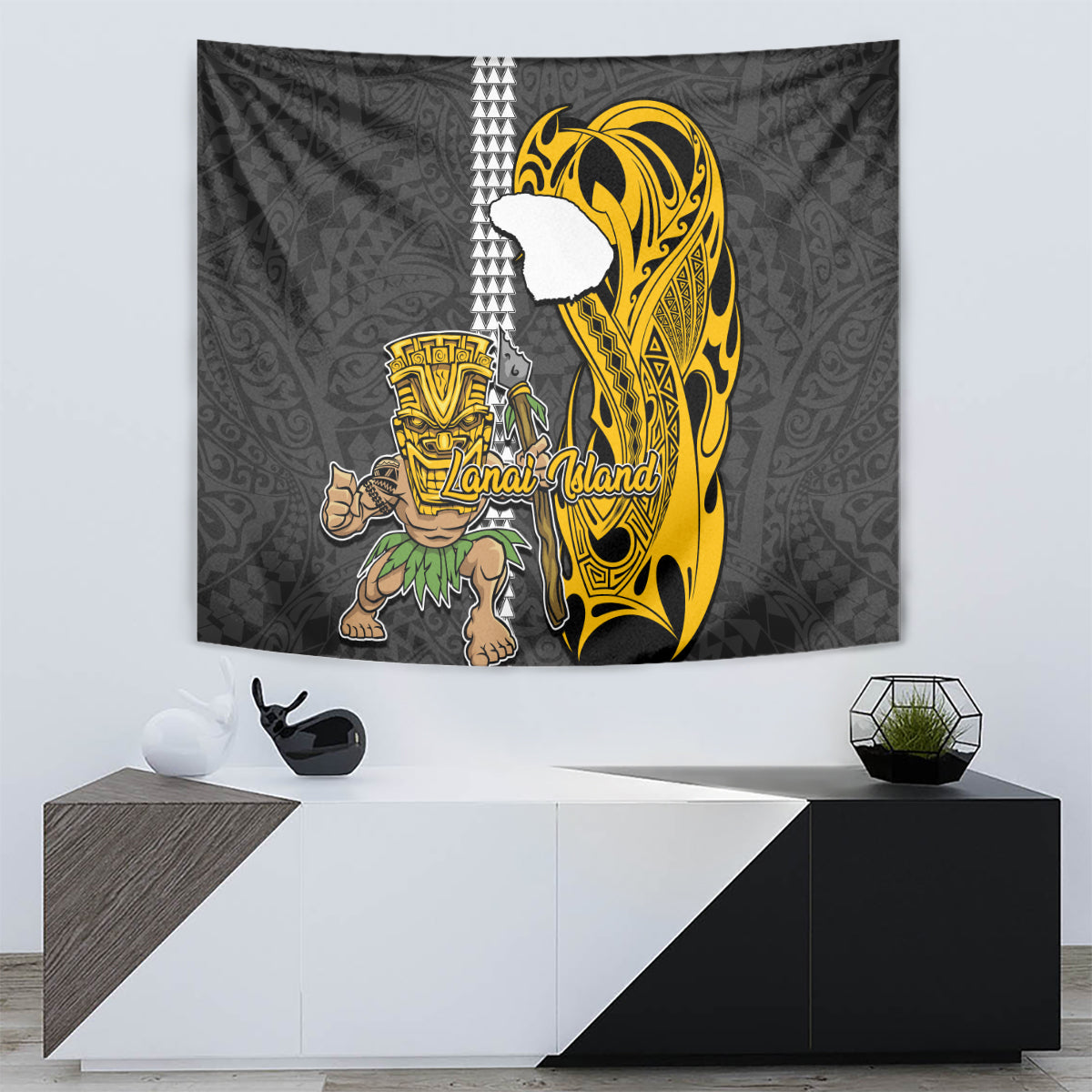 Hawaii Lanai Island Tapestry Hawaiian Warrior and Kakau Symbols Abstract Tattoo LT03 - Polynesian Pride