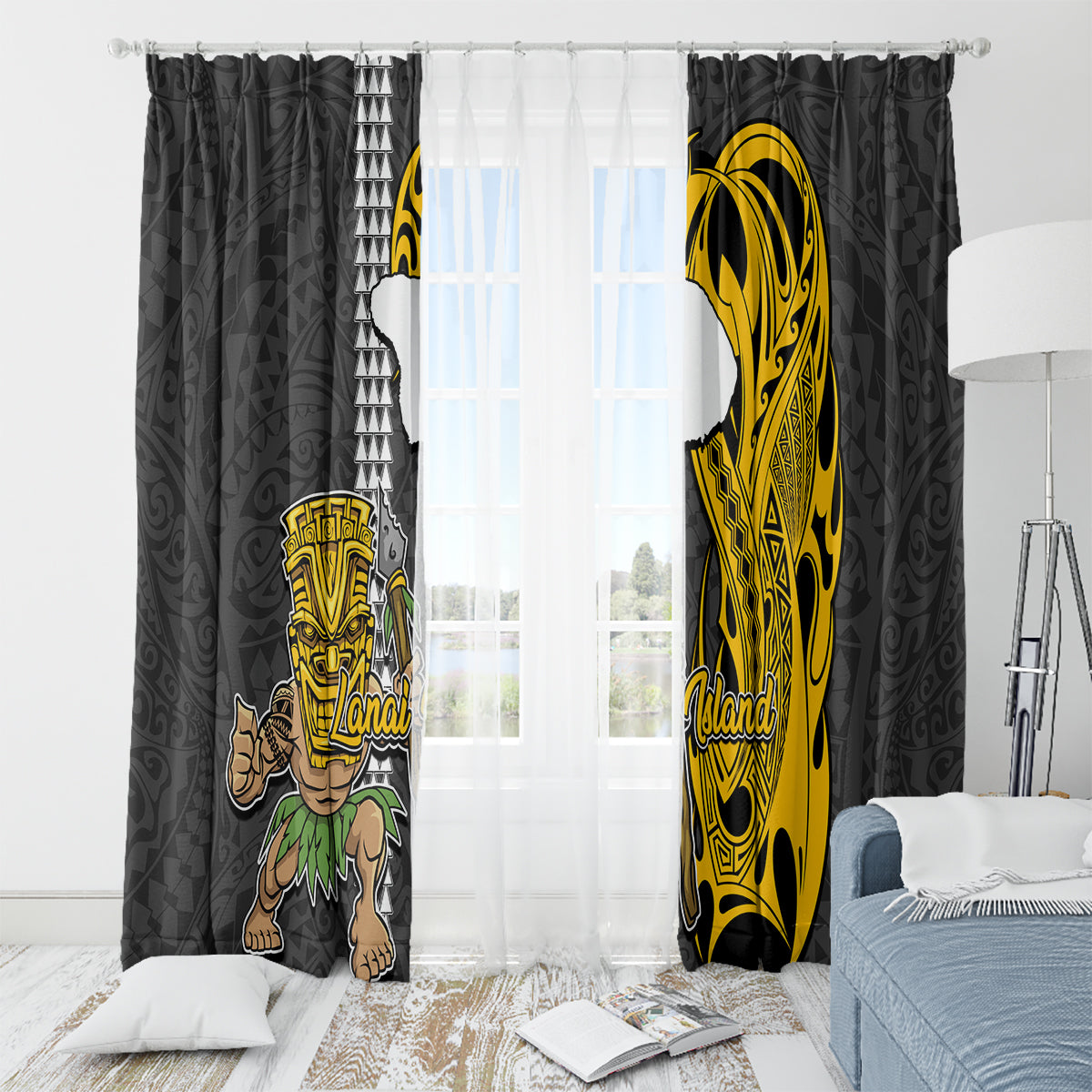 Hawaii Lanai Island Window Curtain Hawaiian Warrior and Kakau Symbols Abstract Tattoo LT03 - Polynesian Pride