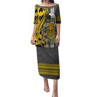 Custom Hawaii Lanai Island Family Matching Puletasi Dress and Hawaiian Shirt Hawaiian Warrior and Kakau Symbols Abstract Tattoo LT03 Mom's Dress Yellow - Polynesian Pride