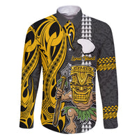 Custom Hawaii Lanai Island Family Matching Short Sleeve Bodycon Dress and Hawaiian Shirt Hawaiian Warrior and Kakau Symbols Abstract Tattoo LT03 Dad's Shirt - Long Sleeve Yellow - Polynesian Pride