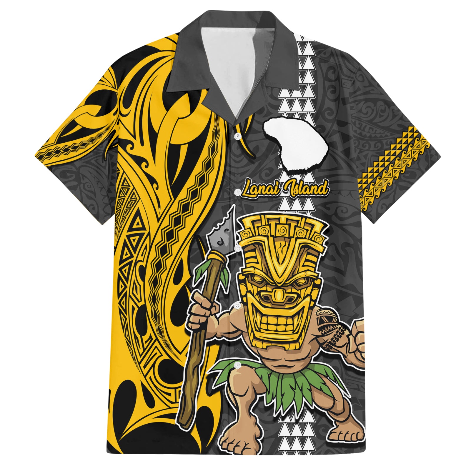 Custom Hawaii Lanai Island Hawaiian Shirt Hawaiian Warrior and Kakau Symbols Abstract Tattoo LT03 Yellow - Polynesian Pride