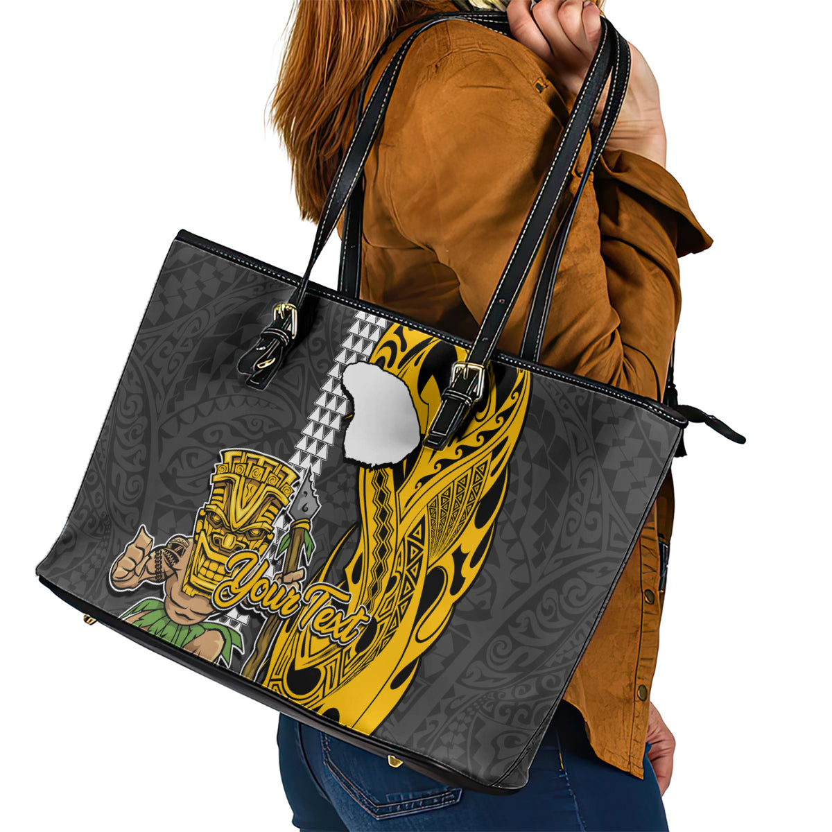 Custom Hawaii Lanai Island Leather Tote Bag Hawaiian Warrior and Kakau Symbols Abstract Tattoo LT03 - Polynesian Pride
