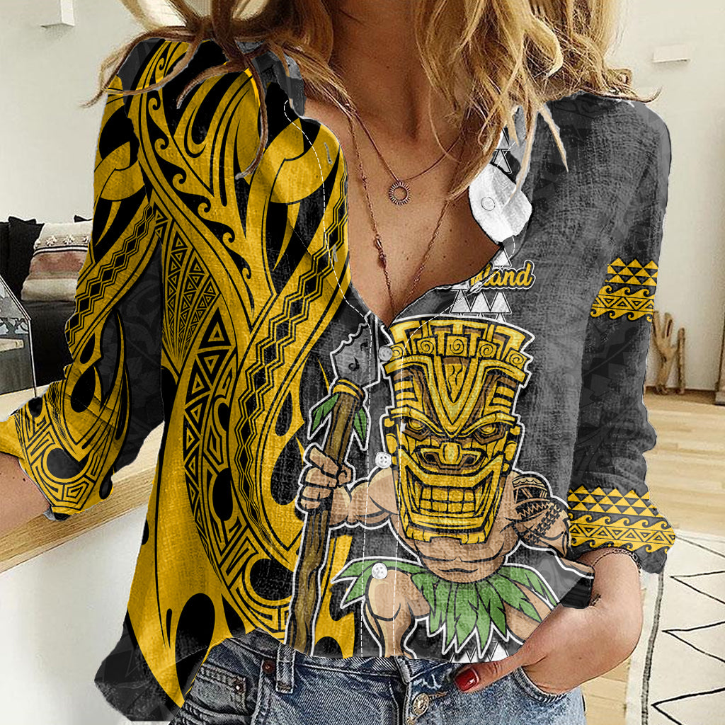 Custom Hawaii Lanai Island Women Casual Shirt Hawaiian Warrior and Kakau Symbols Abstract Tattoo LT03 Female Yellow - Polynesian Pride