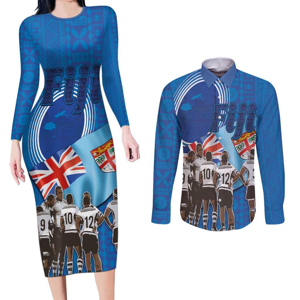 Fiji Rugby Sevens Couples Matching Long Sleeve Bodycon Dress and Long Sleeve Button Shirt Commemorate Gold Medal - Rio de Janeiro 2016 LT03 Blue - Polynesian Pride