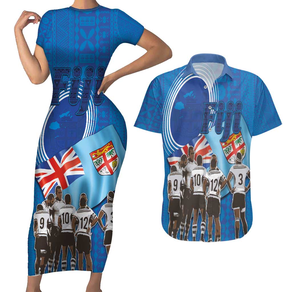 Fiji Rugby Sevens Couples Matching Short Sleeve Bodycon Dress and Hawaiian Shirt Commemorate Gold Medal - Rio de Janeiro 2016