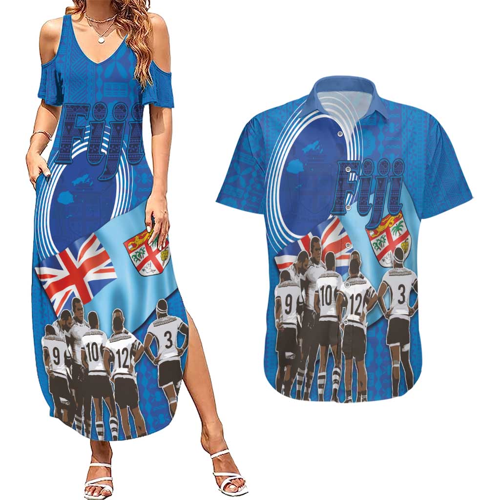 Fiji Rugby Sevens Couples Matching Summer Maxi Dress and Hawaiian Shirt Commemorate Gold Medal - Rio de Janeiro 2016 LT03 Blue - Polynesian Pride