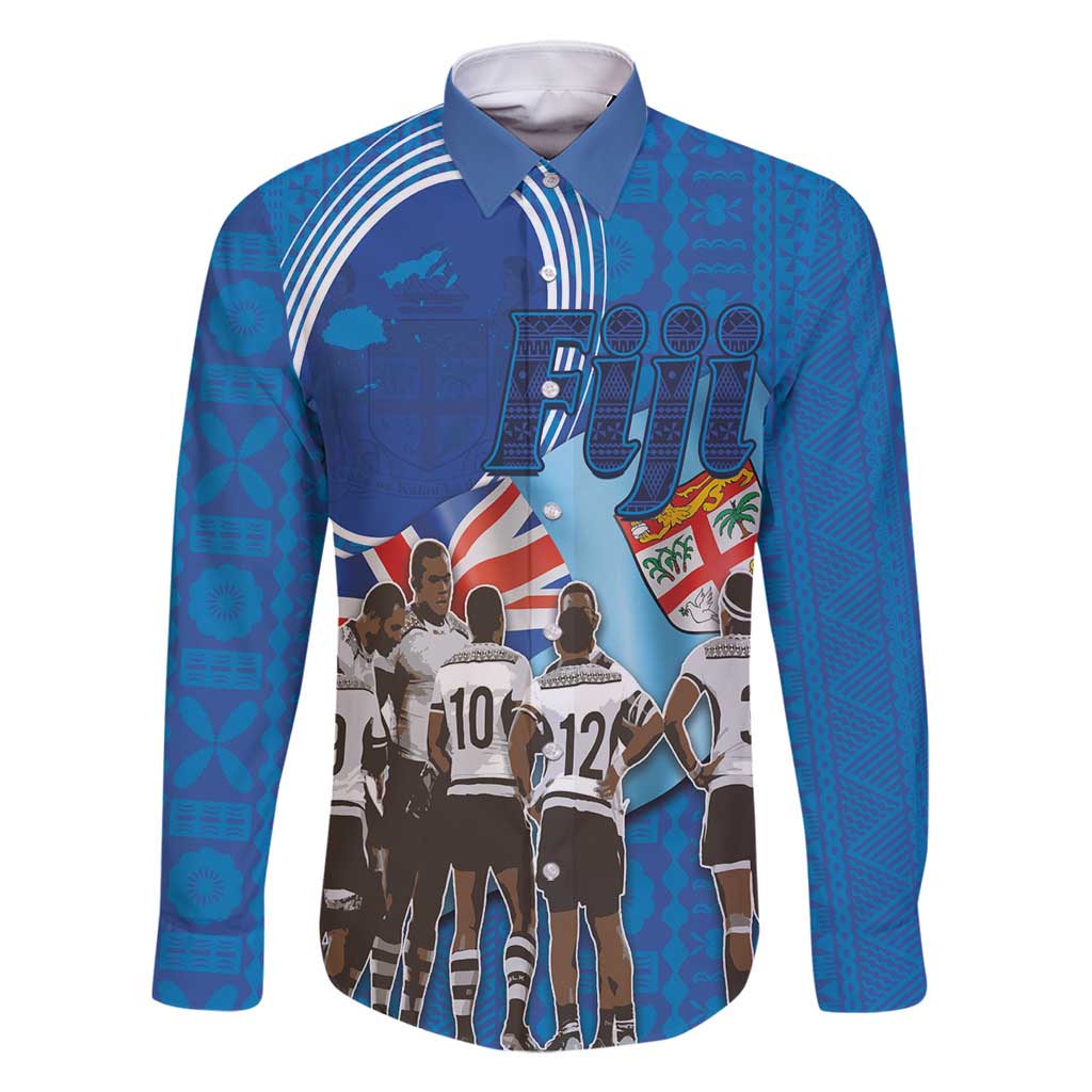 Fiji Rugby Sevens Family Matching Long Sleeve Bodycon Dress and Hawaiian Shirt Commemorate Gold Medal - Rio de Janeiro 2016 LT03 Dad's Shirt - Long Sleeve Blue - Polynesian Pride