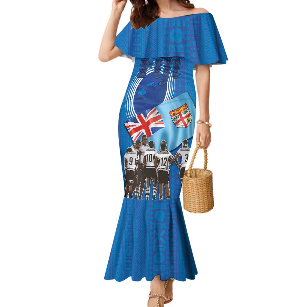 Fiji Rugby Sevens Family Matching Mermaid Dress and Hawaiian Shirt Commemorate Gold Medal - Rio de Janeiro 2016 LT03 Mom's Dress Blue - Polynesian Pride