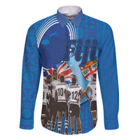 Fiji Rugby Sevens Family Matching Off The Shoulder Long Sleeve Dress and Hawaiian Shirt Commemorate Gold Medal - Rio de Janeiro 2016 LT03 Dad's Shirt - Long Sleeve Blue - Polynesian Pride