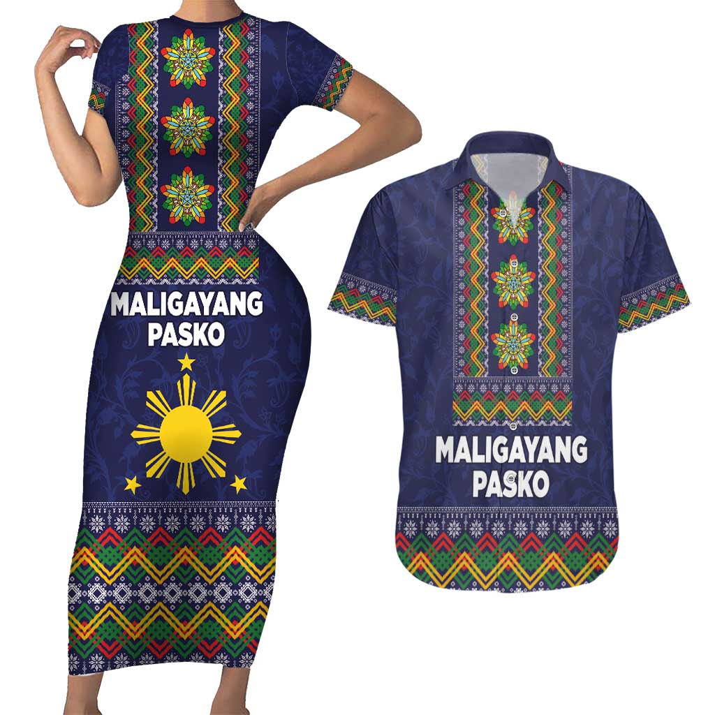 Philippines Merry Christmas Couples Matching Short Sleeve Bodycon Dress and Hawaiian Shirt Maligayang Pasko with Parol and Xmas Pattern Barong Style