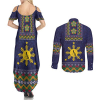 Philippines Merry Christmas Couples Matching Summer Maxi Dress and Long Sleeve Button Shirt Maligayang Pasko with Parol and Xmas Pattern Barong Style