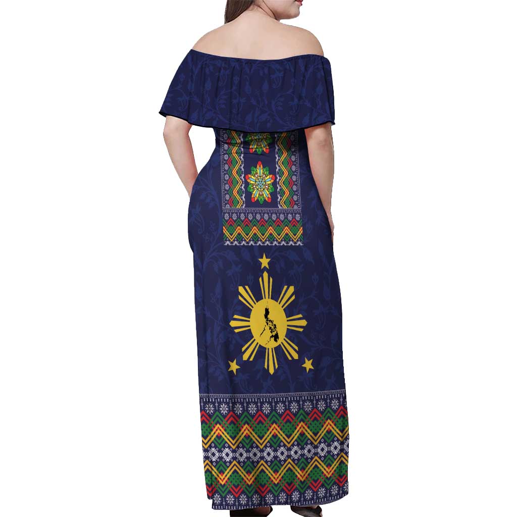 Philippines Merry Christmas Off Shoulder Maxi Dress Maligayang Pasko with Parol and Xmas Pattern Barong Style