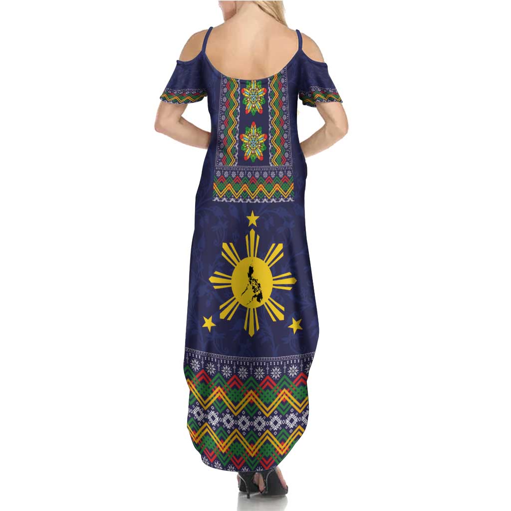 Philippines Merry Christmas Summer Maxi Dress Maligayang Pasko with Parol and Xmas Pattern Barong Style