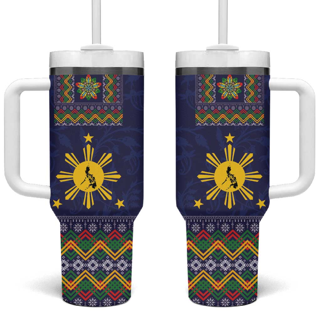 Philippines Merry Christmas Tumbler With Handle Maligayang Pasko with Parol and Xmas Pattern Barong Style