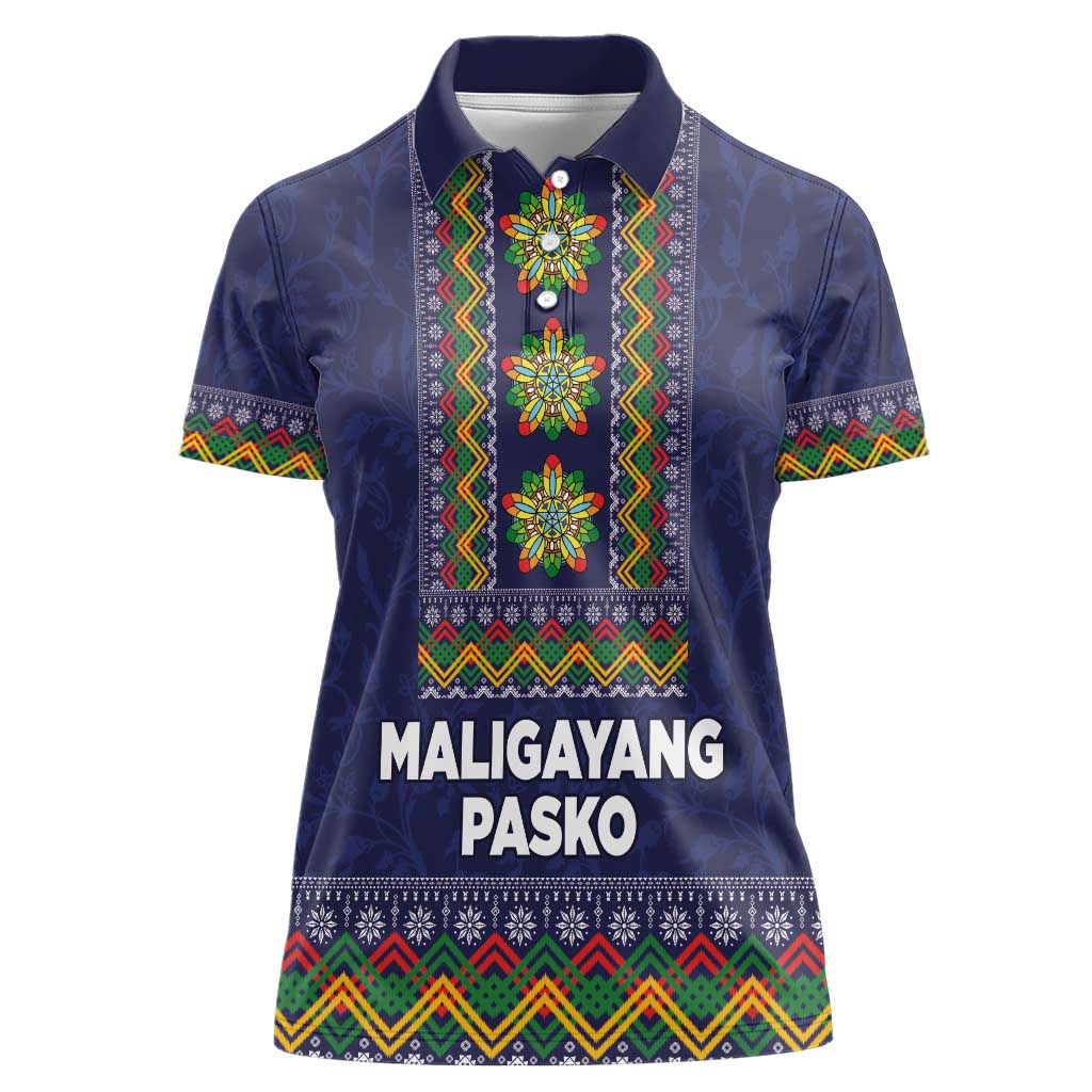 Philippines Merry Christmas Women Polo Shirt Maligayang Pasko with Parol and Xmas Pattern Barong Style