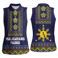 Philippines Merry Christmas Women Sleeveless Polo Shirt Maligayang Pasko with Parol and Xmas Pattern Barong Style