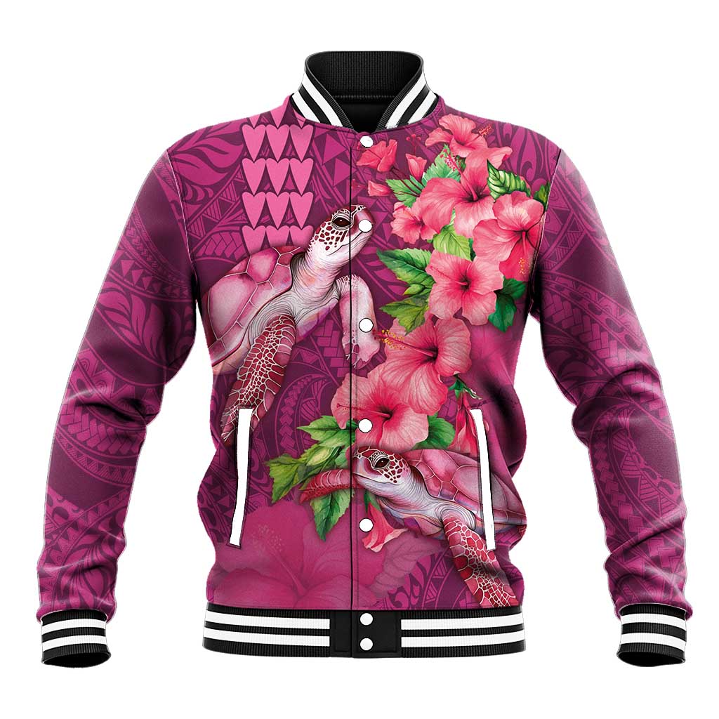 Hawaiian Turtle Love Couple Baseball Jacket - Sweet Hibiscus and Kakau Pattern Rose Color