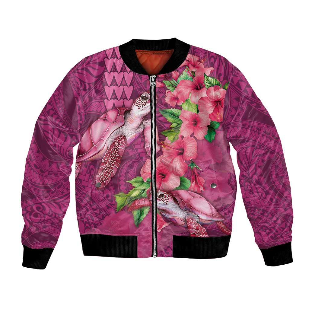 Hawaiian Turtle Love Couple Bomber Jacket - Sweet Hibiscus and Kakau Pattern Rose Color