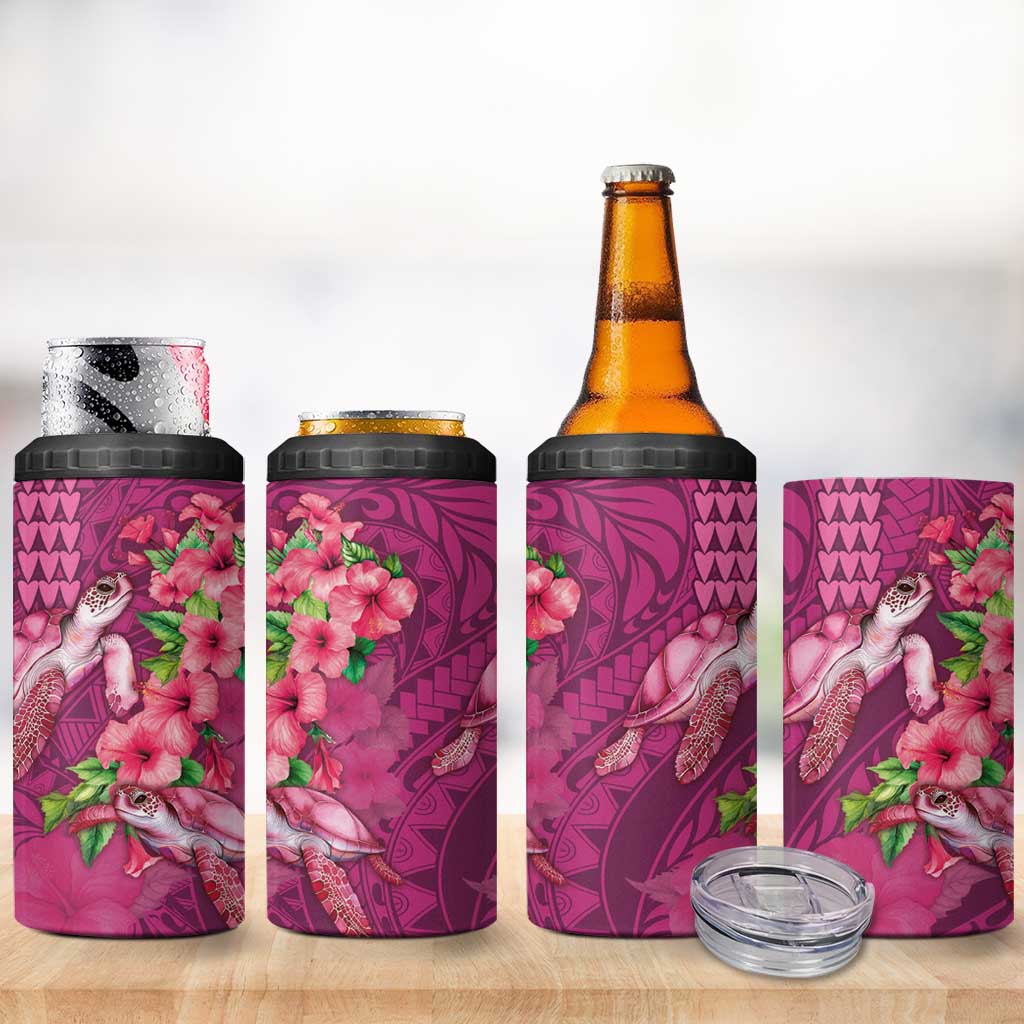 Hawaiian Turtle Love Couple 4 in 1 Can Cooler Tumbler Sweet Hibiscus and Kakau Pattern Rose Color