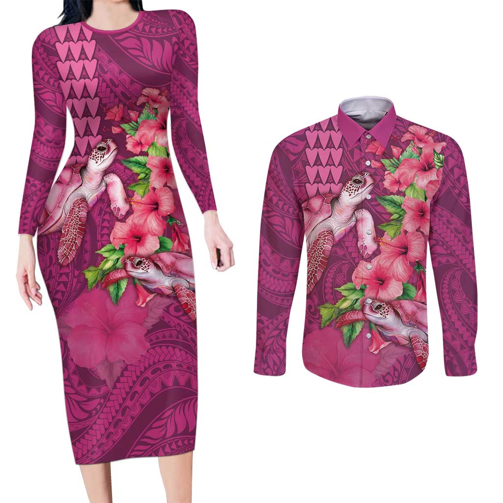 Hawaiian Turtle Love Couple Couples Matching Long Sleeve Bodycon Dress and Long Sleeve Button Shirt - Sweet Hibiscus and Kakau Pattern Rose Color