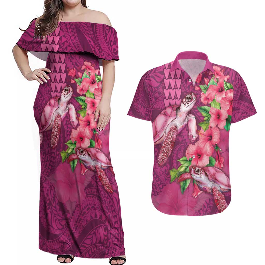 Hawaiian Turtle Love Couple Couples Matching Off Shoulder Maxi Dress and Hawaiian Shirt - Sweet Hibiscus and Kakau Pattern Rose Color