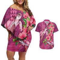 Hawaiian Turtle Love Couple Couples Matching Off Shoulder Short Dress and Hawaiian Shirt - Sweet Hibiscus and Kakau Pattern Rose Color
