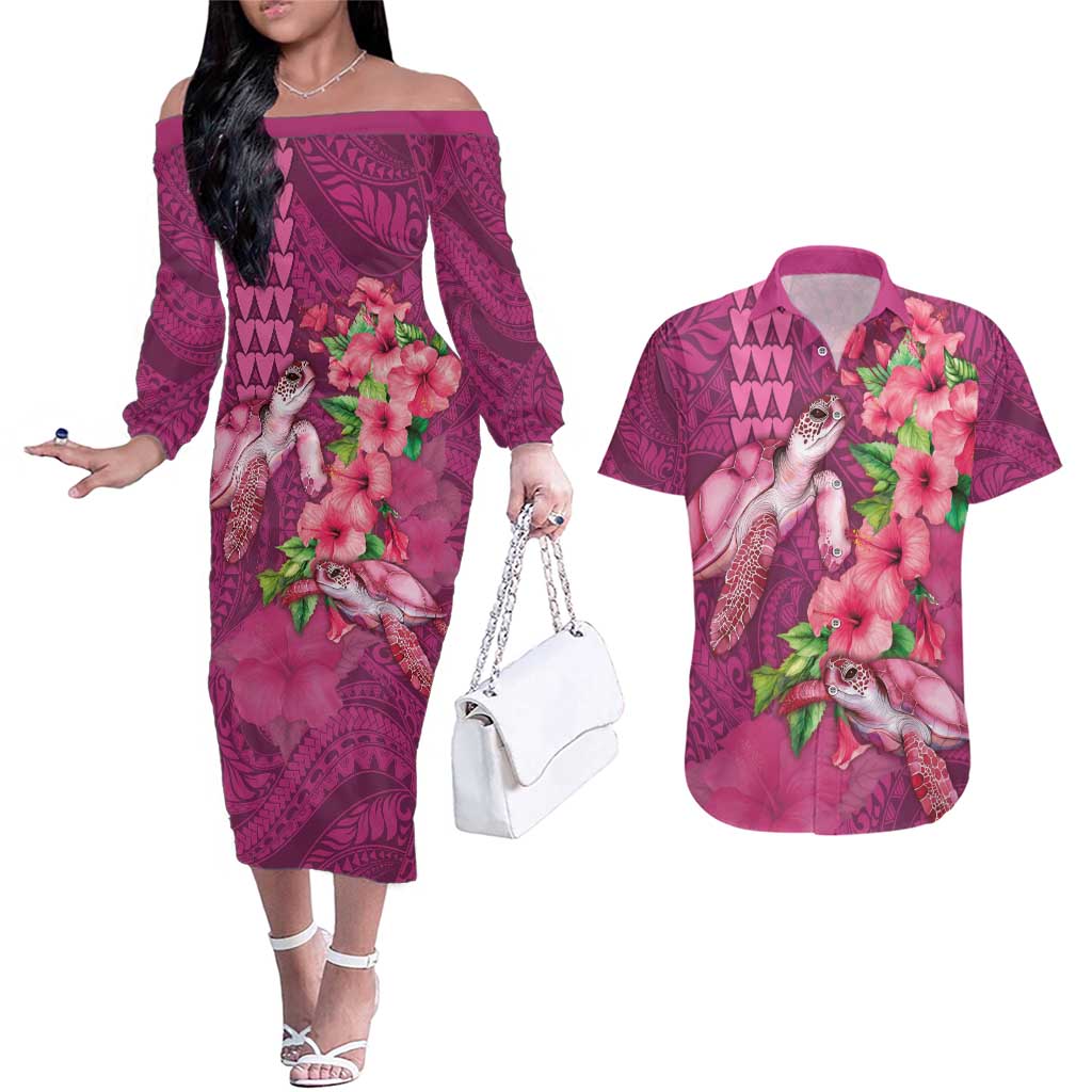 Hawaiian Turtle Love Couple Couples Matching Off The Shoulder Long Sleeve Dress and Hawaiian Shirt - Sweet Hibiscus and Kakau Pattern Rose Color