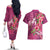 Hawaiian Turtle Love Couple Couples Matching Off The Shoulder Long Sleeve Dress and Hawaiian Shirt - Sweet Hibiscus and Kakau Pattern Rose Color