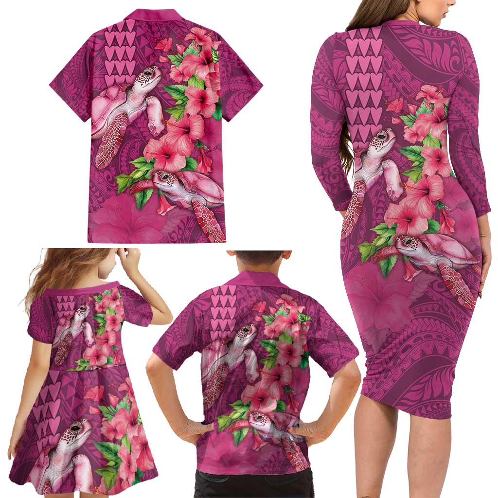 Hawaiian Turtle Love Couple Family Matching Long Sleeve Bodycon Dress and Hawaiian Shirt - Sweet Hibiscus and Kakau Pattern Rose Color