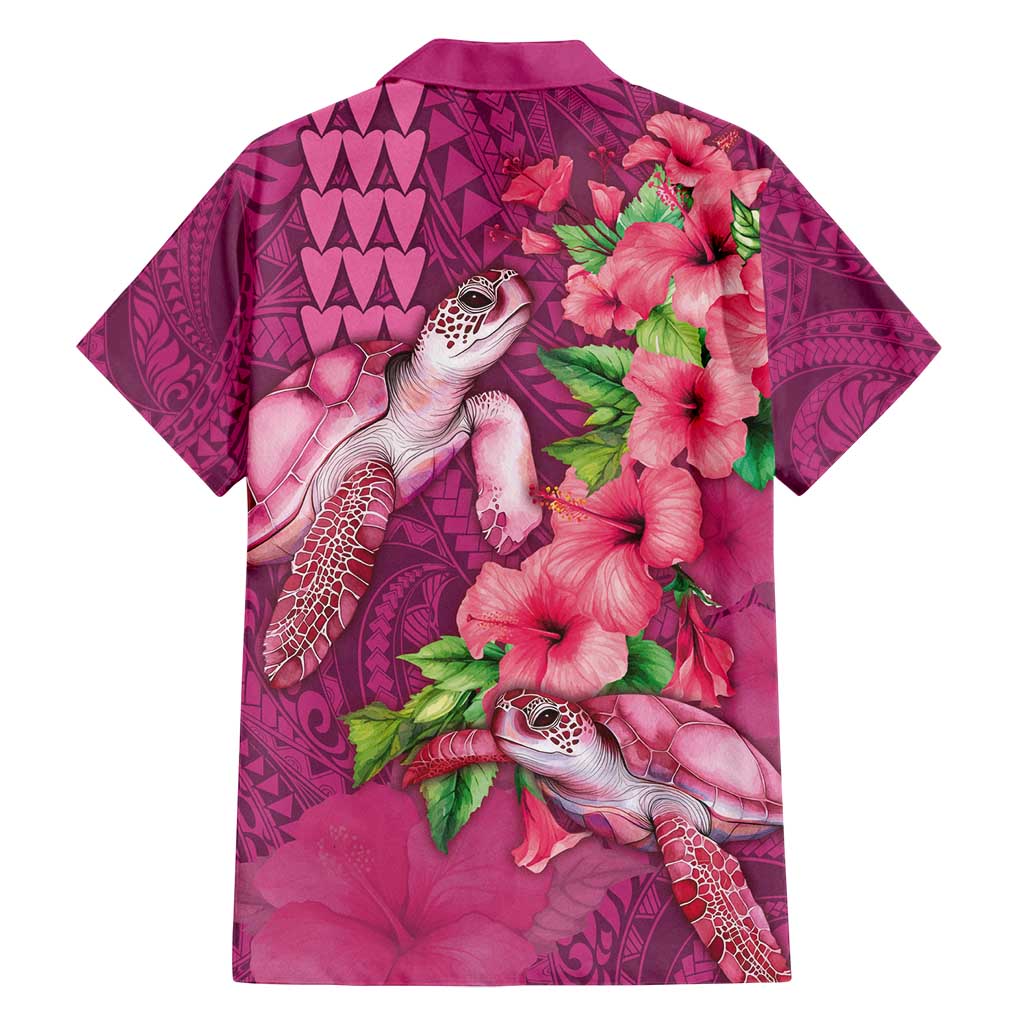 Hawaiian Turtle Love Couple Family Matching Long Sleeve Bodycon Dress and Hawaiian Shirt - Sweet Hibiscus and Kakau Pattern Rose Color
