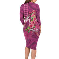Hawaiian Turtle Love Couple Family Matching Long Sleeve Bodycon Dress and Hawaiian Shirt - Sweet Hibiscus and Kakau Pattern Rose Color