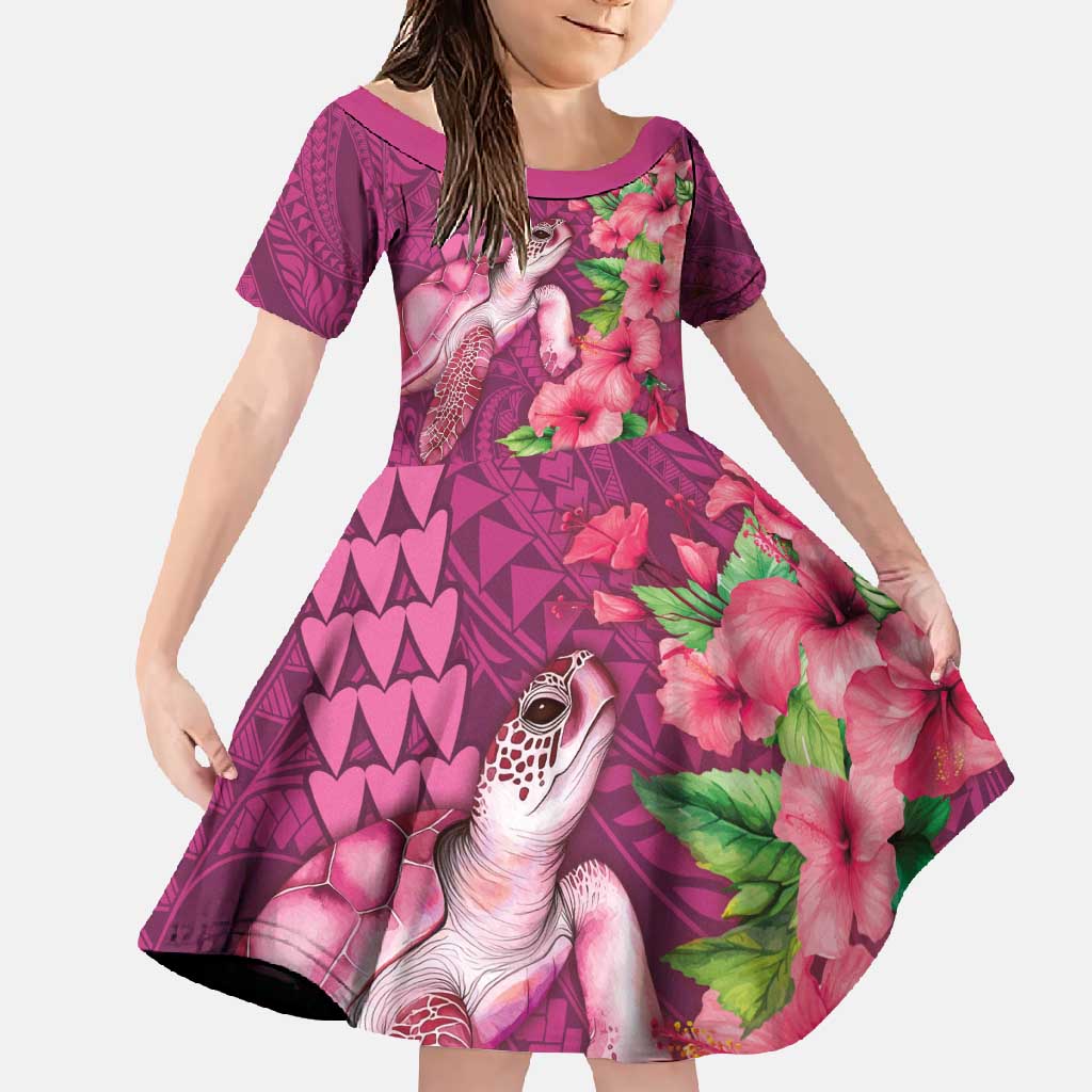 Hawaiian Turtle Love Couple Family Matching Mermaid Dress and Hawaiian Shirt - Sweet Hibiscus and Kakau Pattern Rose Color