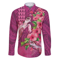 Hawaiian Turtle Love Couple Family Matching Off Shoulder Short Dress and Hawaiian Shirt - Sweet Hibiscus and Kakau Pattern Rose Color