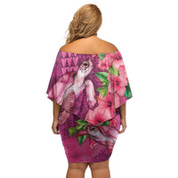 Hawaiian Turtle Love Couple Family Matching Off Shoulder Short Dress and Hawaiian Shirt - Sweet Hibiscus and Kakau Pattern Rose Color