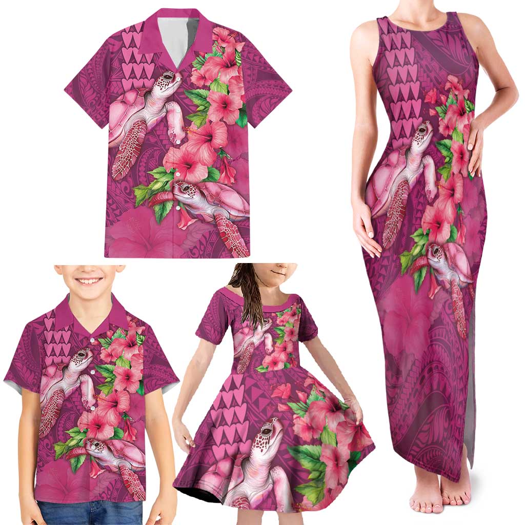 Hawaiian Turtle Love Couple Family Matching Tank Maxi Dress and Hawaiian Shirt - Sweet Hibiscus and Kakau Pattern Rose Color